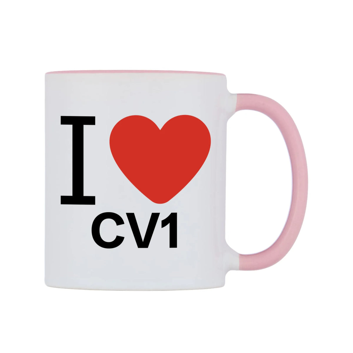 I Love CV1 Mug — white 11oz gloss mug with a pink inside and handle, left side, on a white background