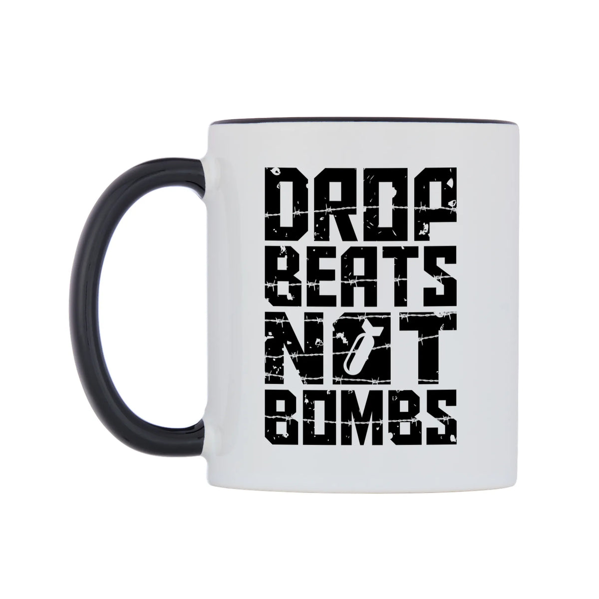 Drop Beats Not Bombs Mug — white 11oz gloss mug with a black inside and handle, right side, on a white background