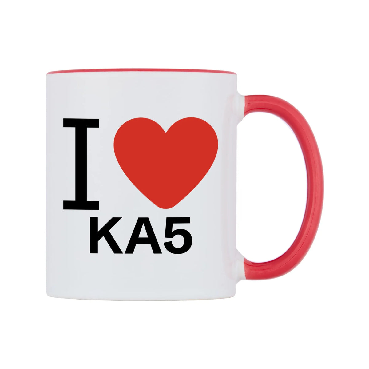I Love KA5 Mug — white 11oz gloss mug with a red inside and handle, left side, on a white background