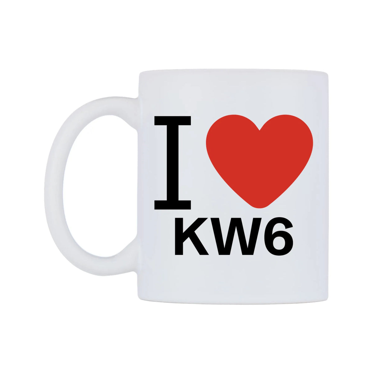 I Love KW6 Mug — white 11oz gloss mug, right side, on a white background