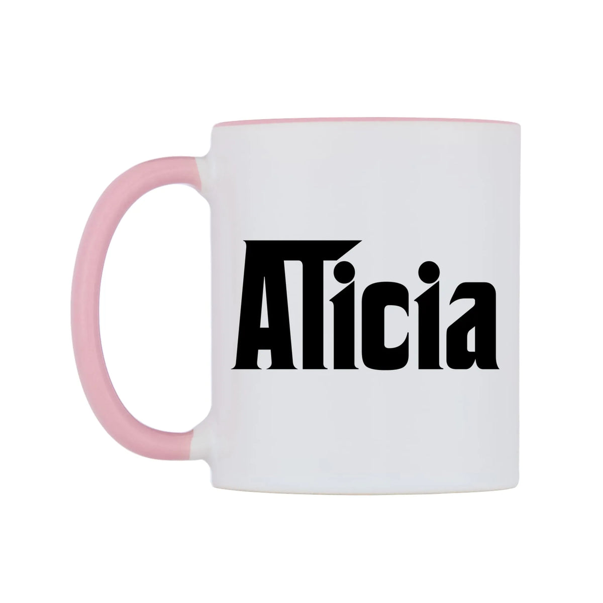 Alicia - Godfather Themed Mug — white 11oz gloss mug with a pink inside and handle, right side, on a white background