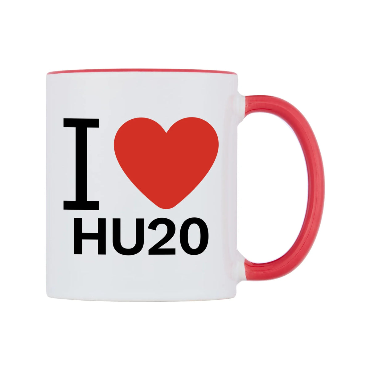 I Love HU20 Mug — white 11oz gloss mug with a red inside and handle, left side, on a white background