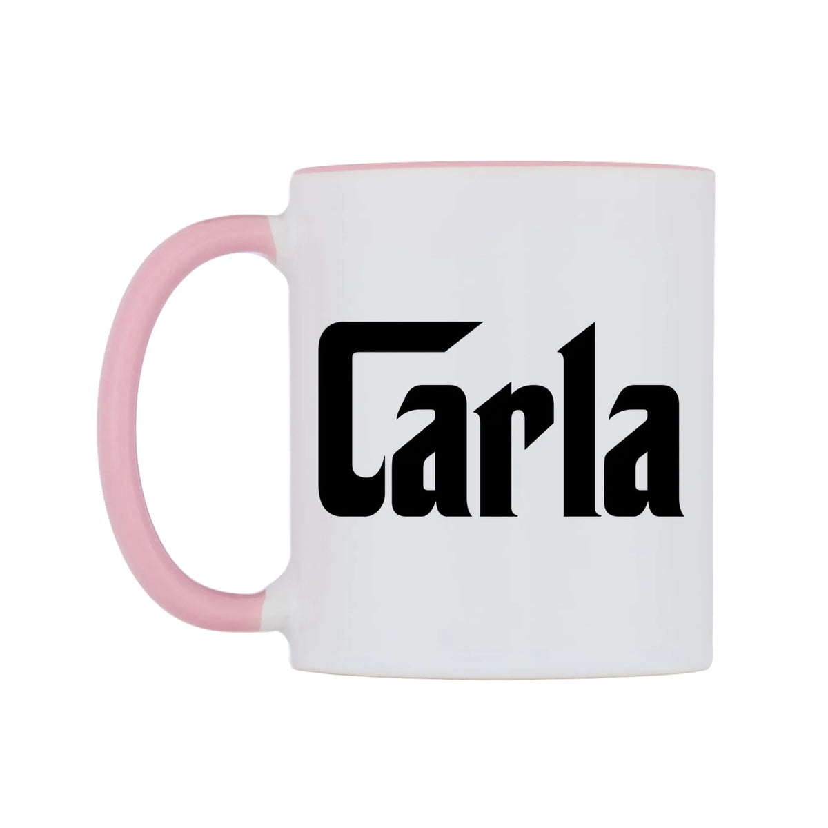 Carla - Godfather Themed Mug — white 11oz gloss mug with a pink inside and handle, right side, on a white background