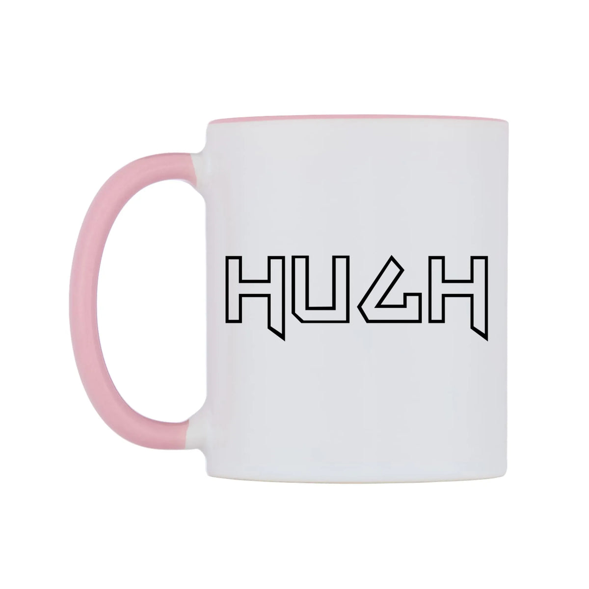 Hugh - Iron Maiden Themed Mug — white 11oz gloss mug with a pink inside and handle, right side, on a white background