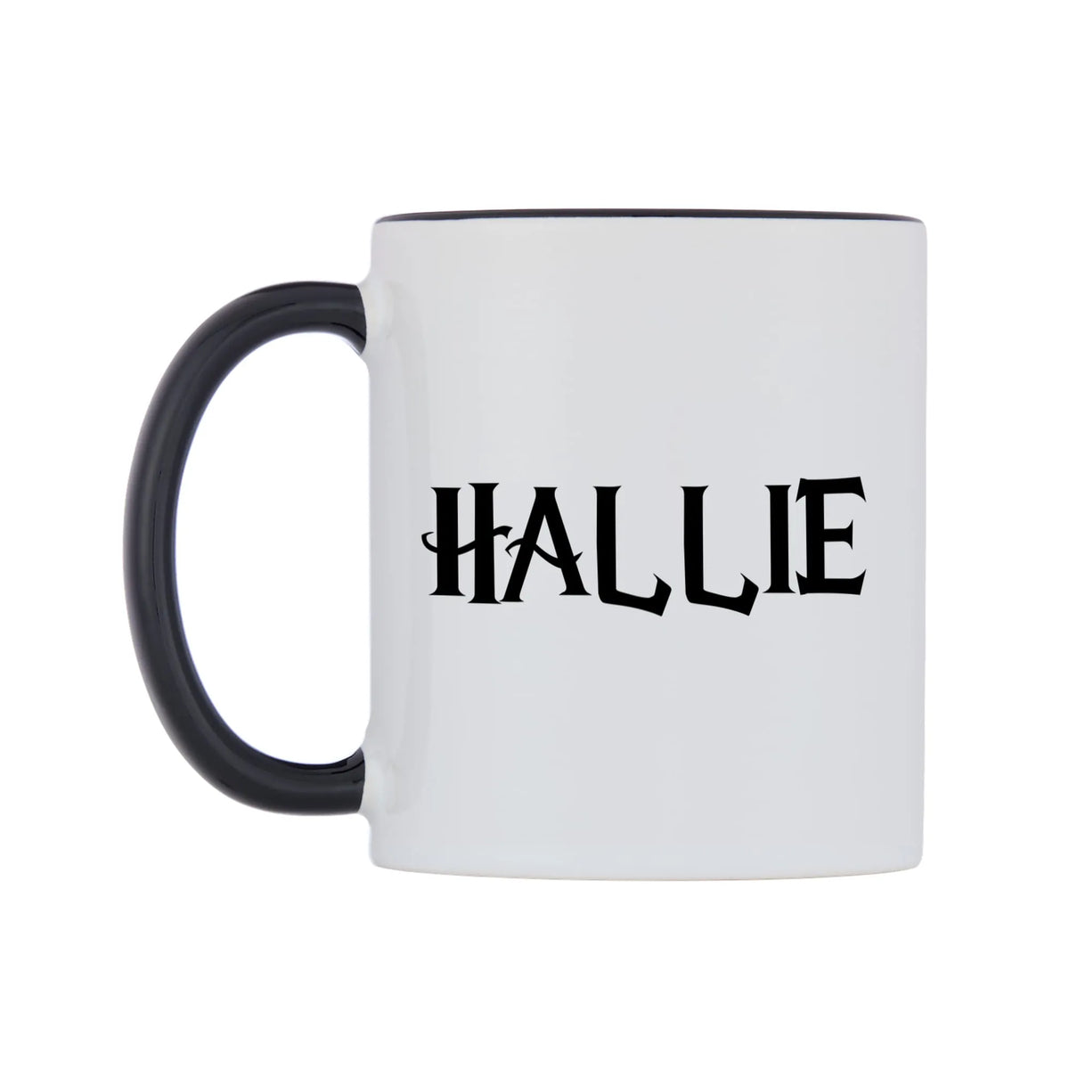 Hallie - Wizard Themed Mug — white 11oz gloss mug with a black inside and handle, right side, on a white background