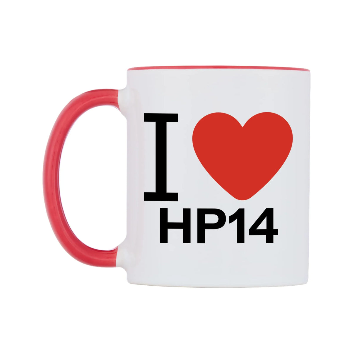 I Love HP14 Mug — white 11oz gloss mug with a red inside and handle, right side, on a white background