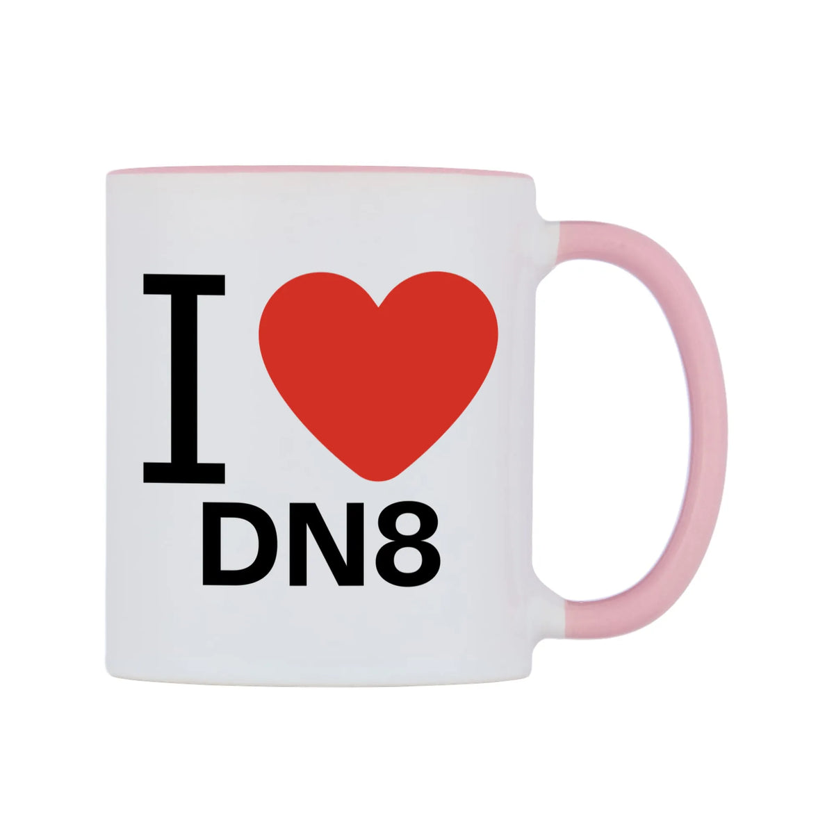 I Love DN8 Mug — white 11oz gloss mug with a pink inside and handle, left side, on a white background