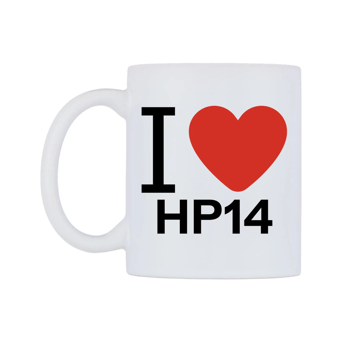I Love HP14 Mug — white 11oz gloss mug, right side, on a white background