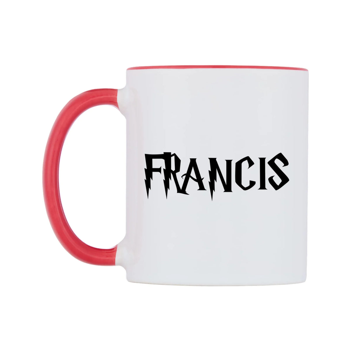 Francis - Wizard Themed Mug — white 11oz gloss mug with a red inside and handle, right side, on a white background