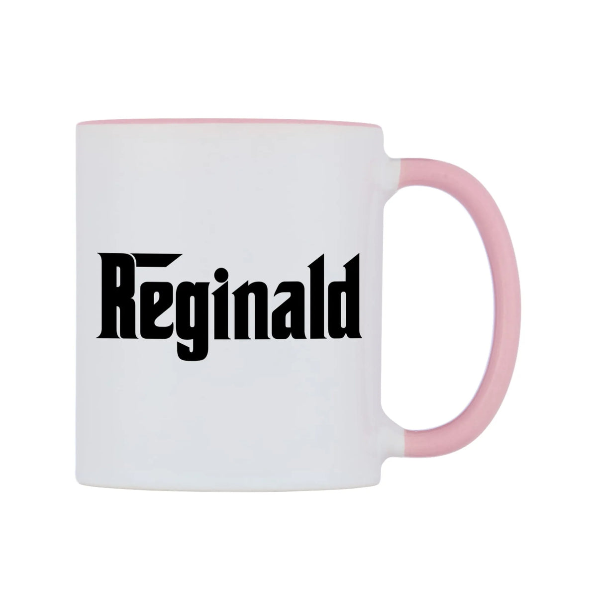 Reginald - Godfather Themed Mug — white 11oz gloss mug with a pink inside and handle, left side, on a white background