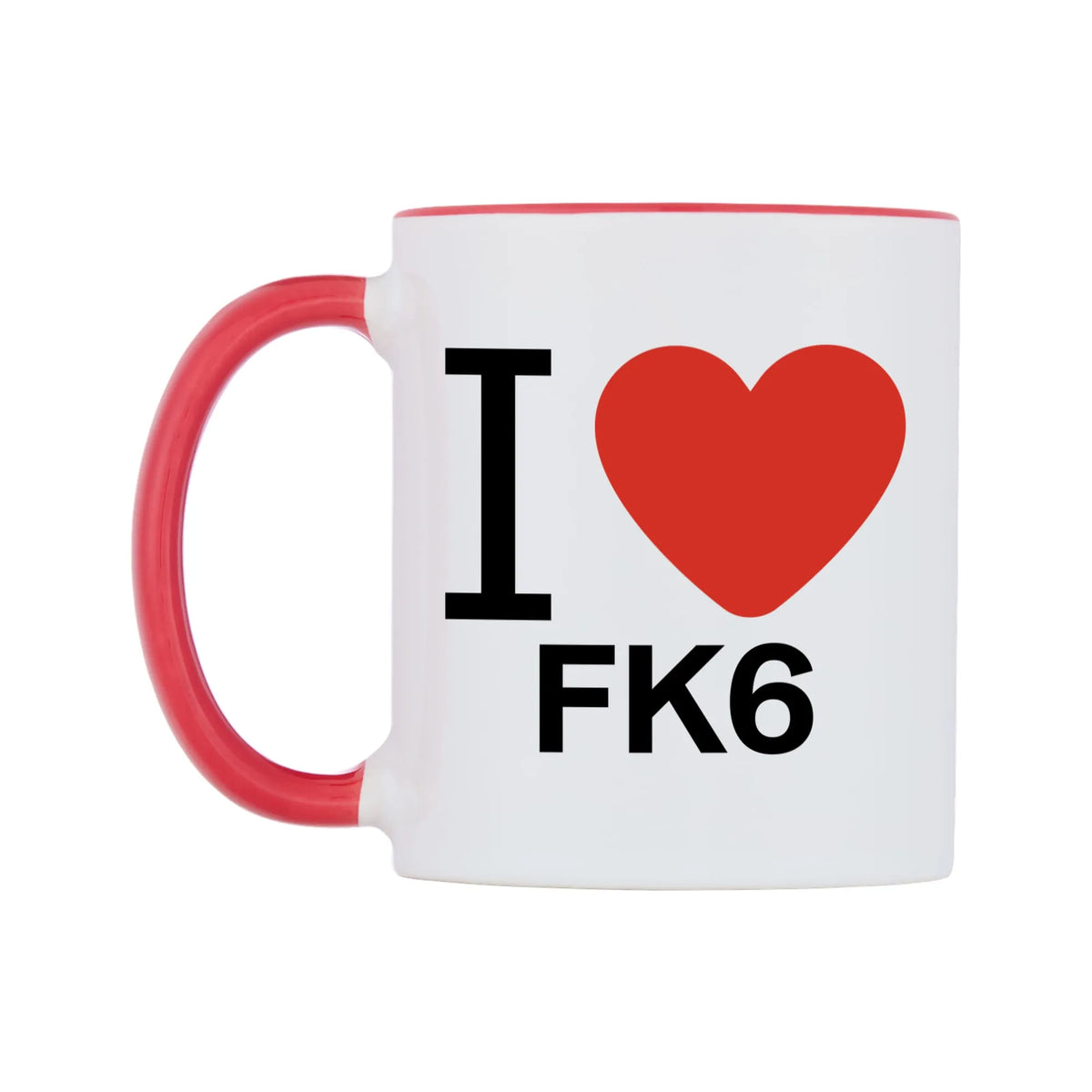 I Love FK6 Mug — white 11oz gloss mug with a red inside and handle, right side, on a white background