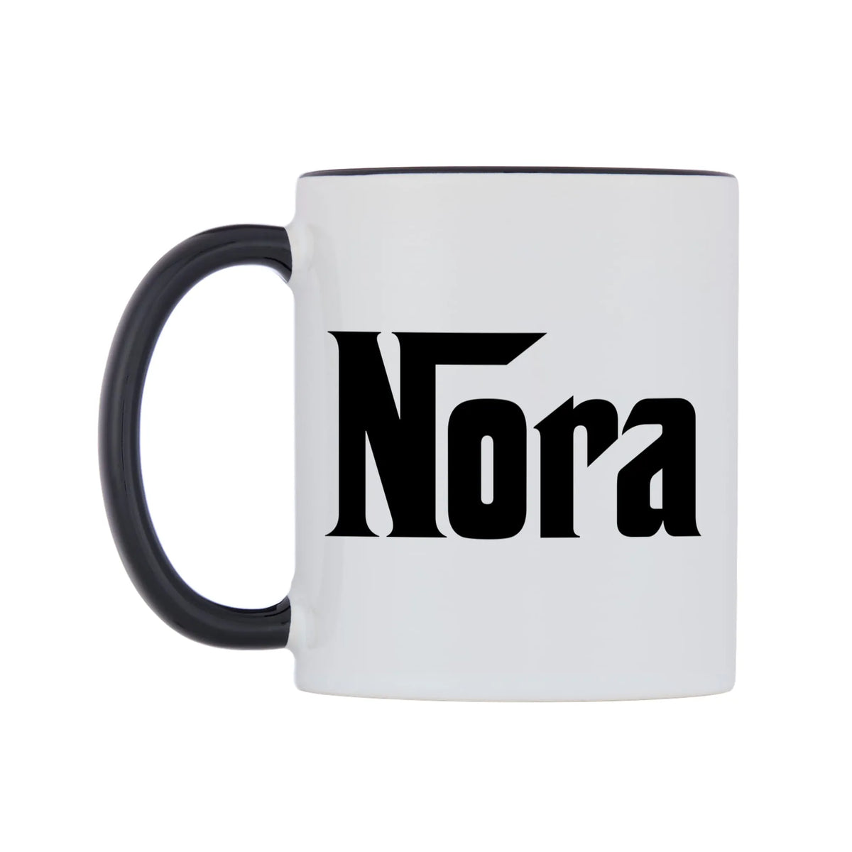 Nora - Godfather Themed Mug — white 11oz gloss mug with a black inside and handle, right side, on a white background