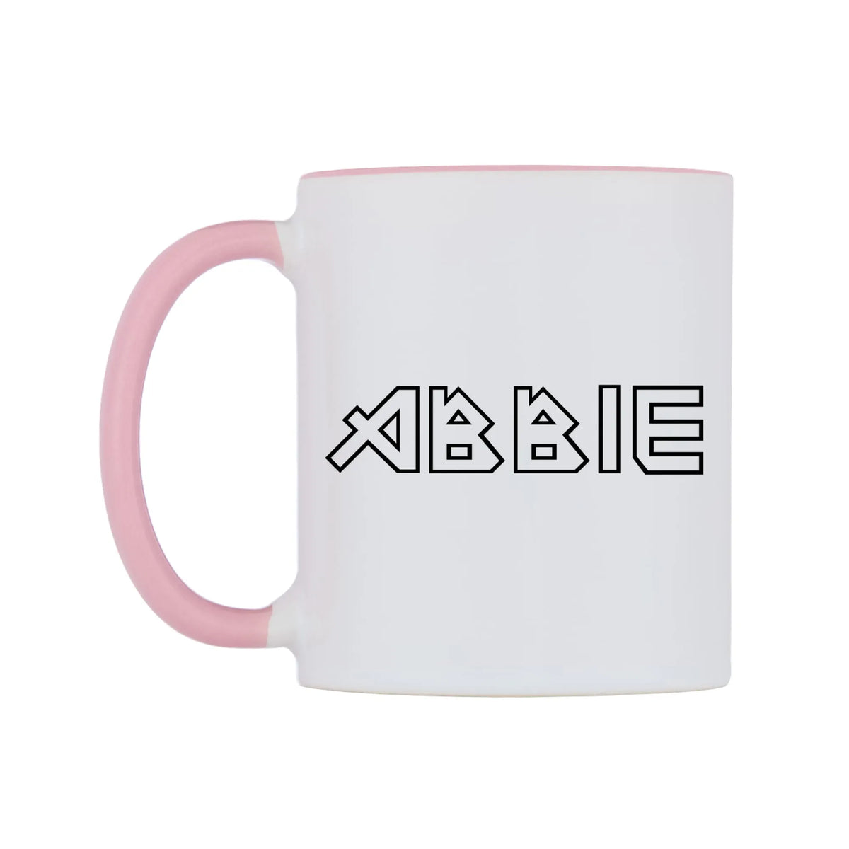 Abbie - Iron Maiden Themed Mug — white 11oz gloss mug with a pink inside and handle, right side, on a white background