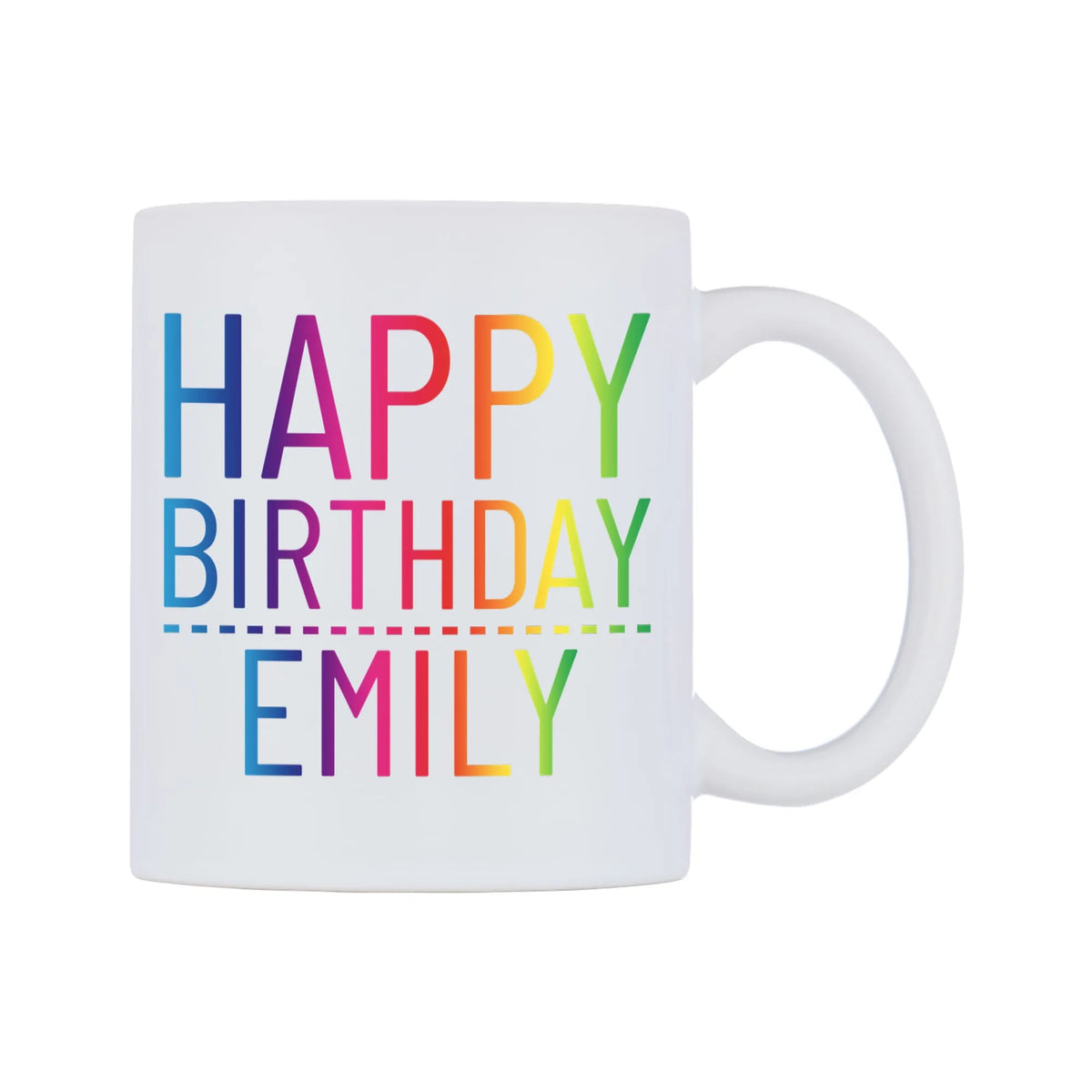Personalised Happy Birthday (Rainbow) Mug — white 11oz gloss mug, left side, on a white background