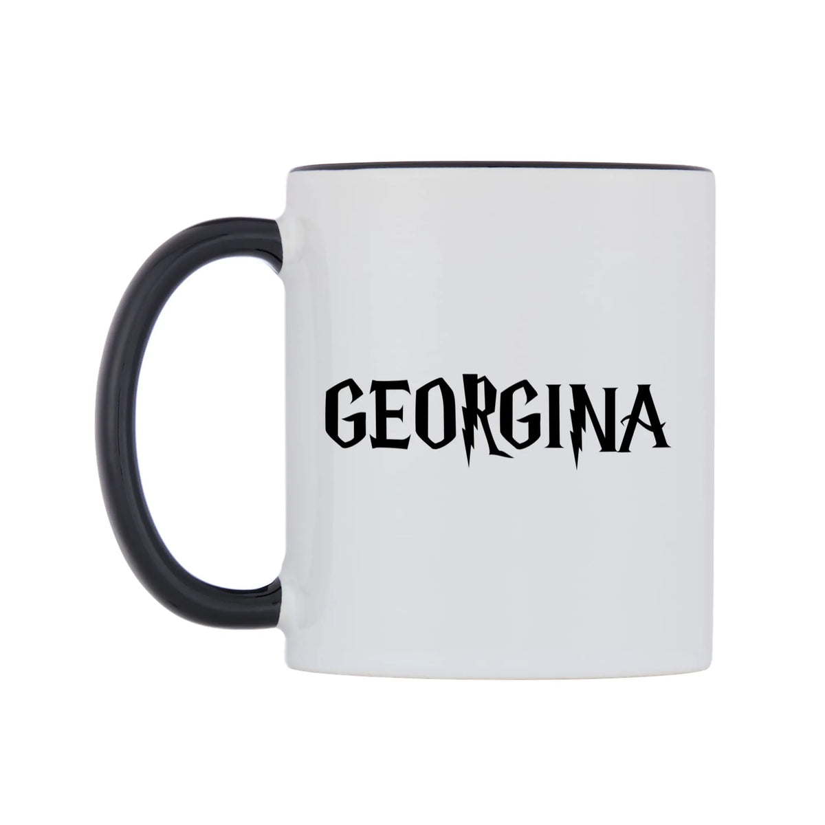 Georgina - Wizard Themed Mug — white 11oz gloss mug with a black inside and handle, right side, on a white background
