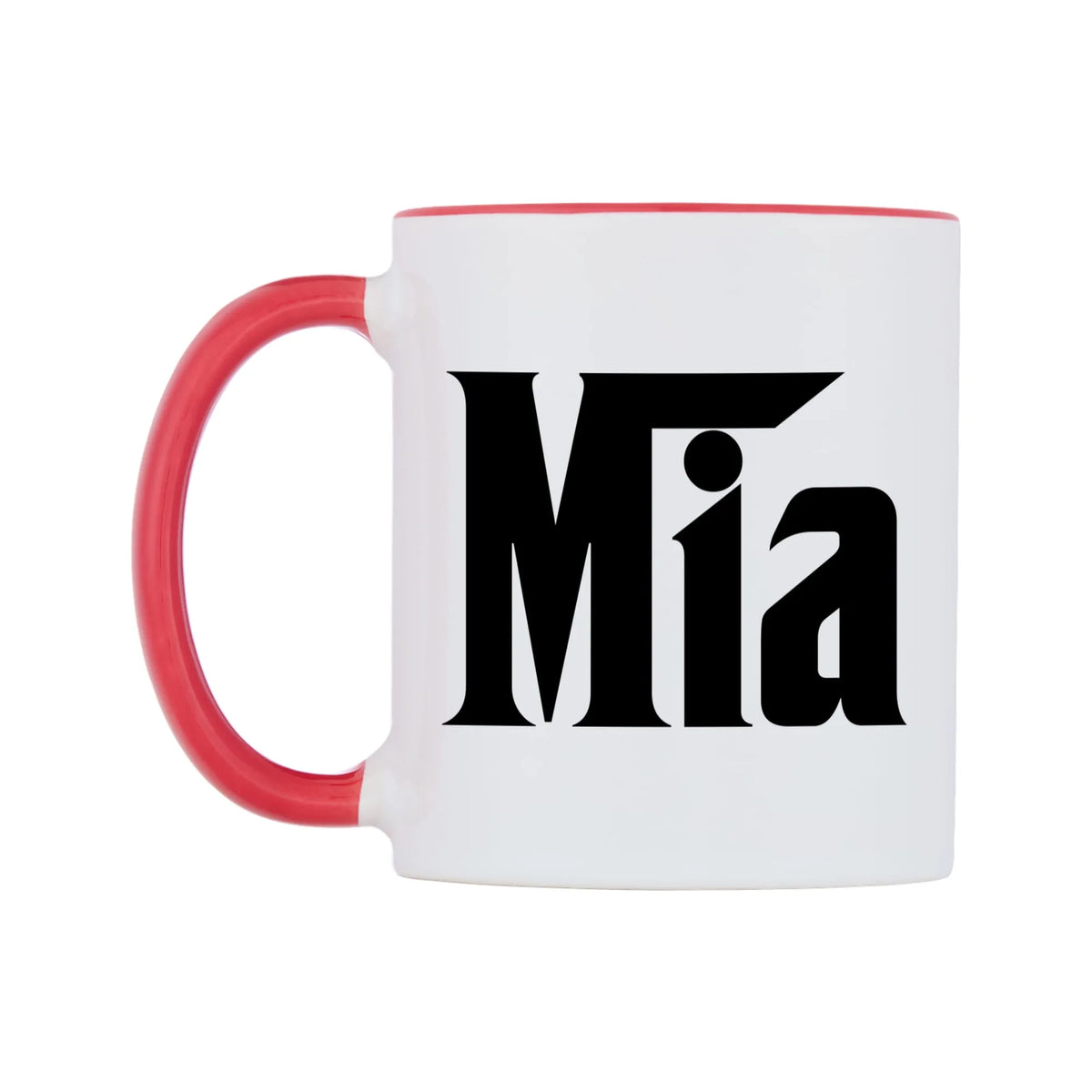 Mia - Godfather Themed Mug — white 11oz gloss mug with a red inside and handle, right side, on a white background