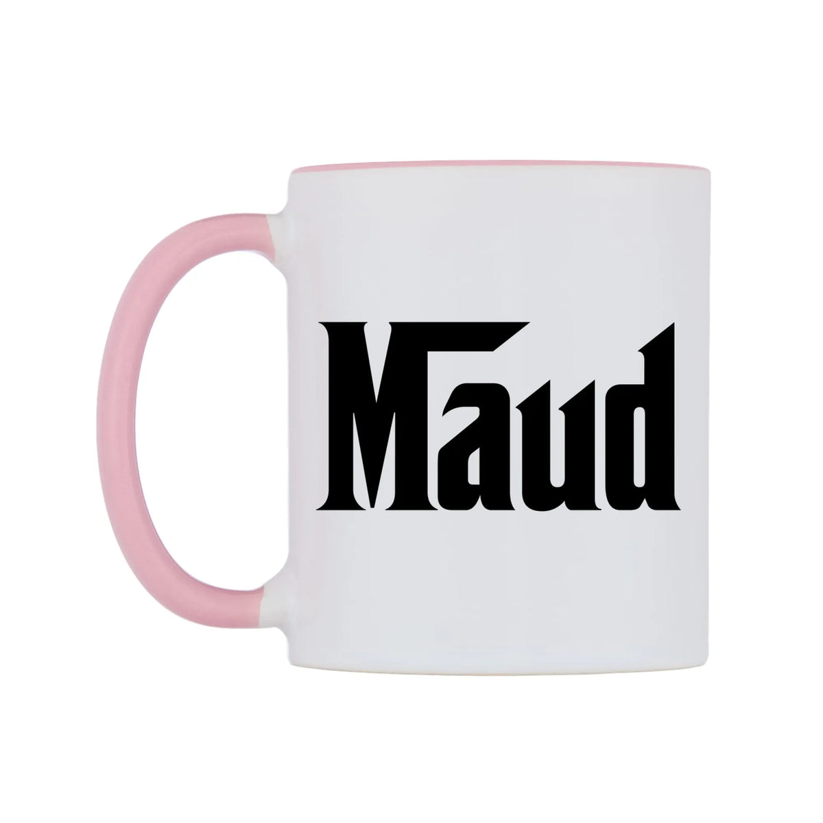 Maud - Godfather Themed Mug — white 11oz gloss mug with a pink inside and handle, right side, on a white background