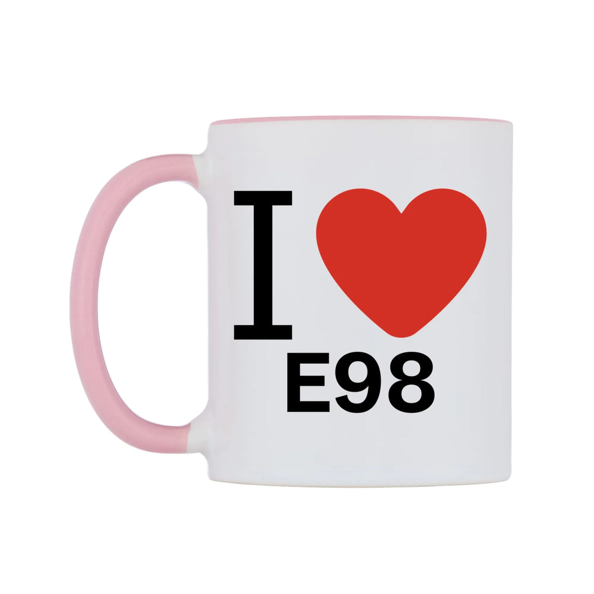 I Love E98 Mug — white 11oz gloss mug with a pink inside and handle, right side, on a white background