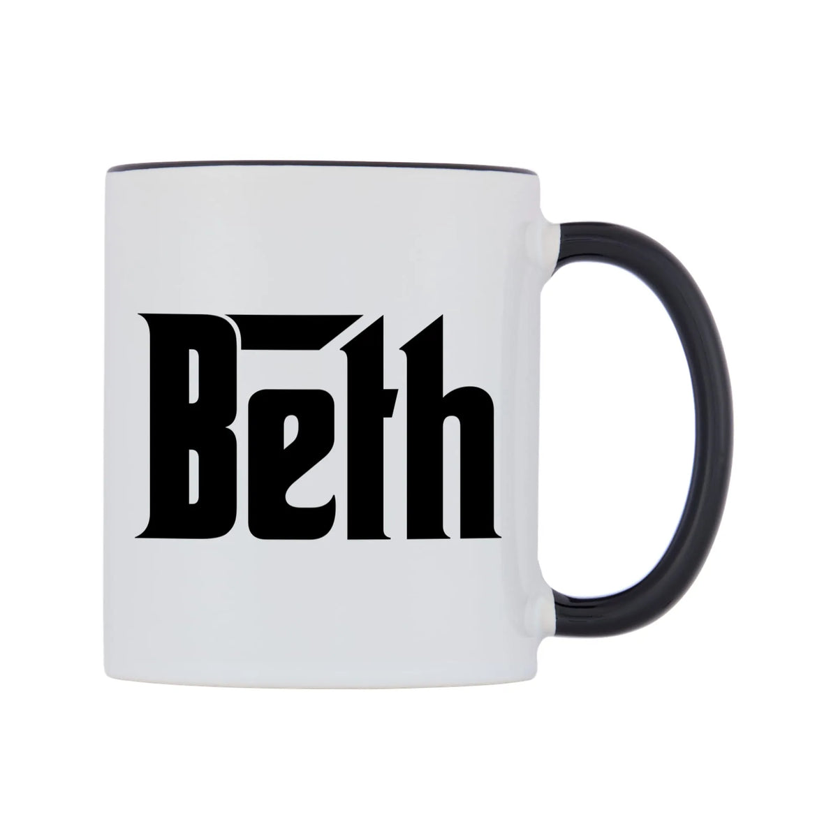 Beth - Godfather Themed Mug — white 11oz gloss mug with a black inside and handle, left side, on a white background