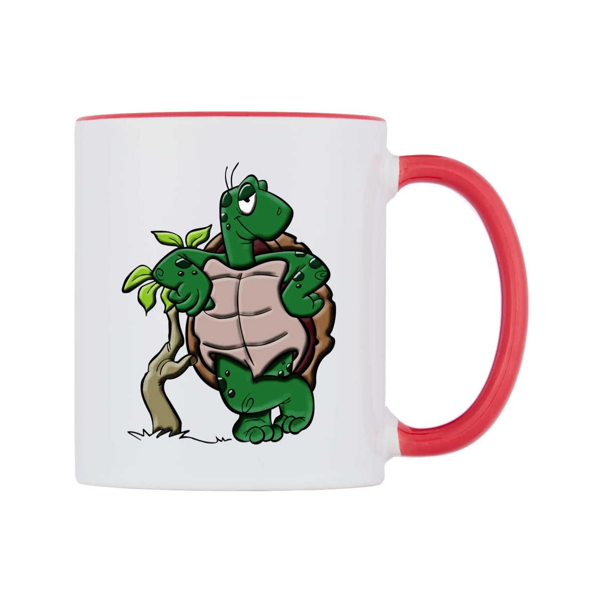 Cool Turtle Mug — white 11oz gloss mug with a red inside and handle, left side, on a white background