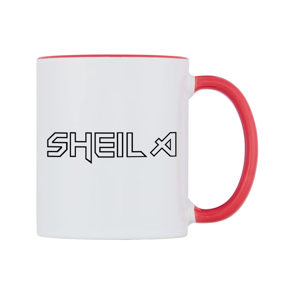 Sheila - Iron Maiden Themed Mug — white 11oz gloss mug with a red inside and handle, left side, on a white background