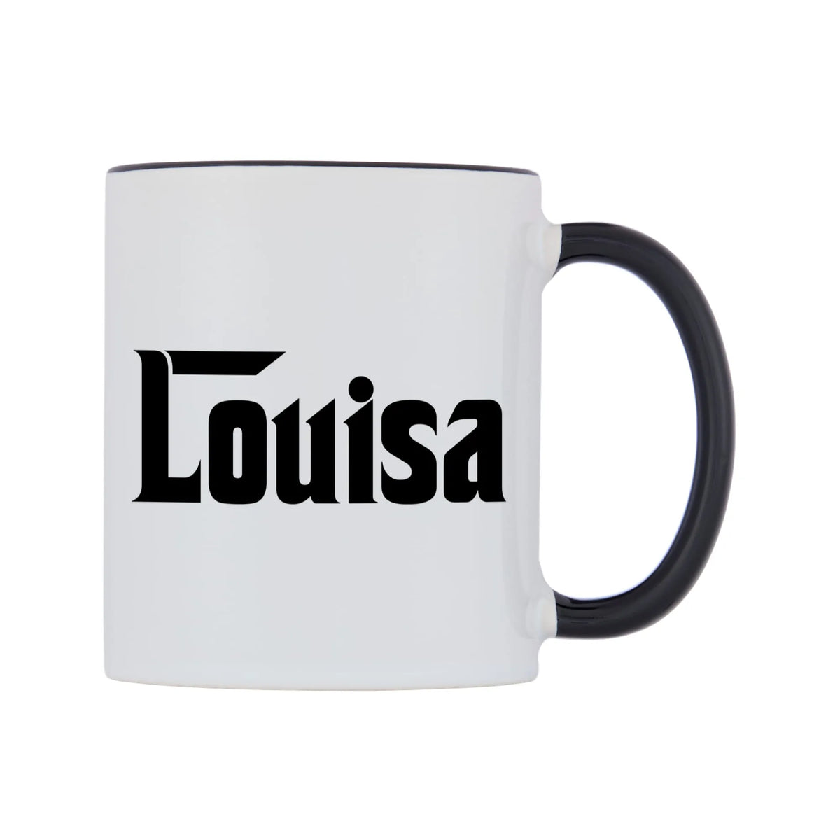 Louisa - Godfather Themed Mug — white 11oz gloss mug with a black inside and handle, left side, on a white background