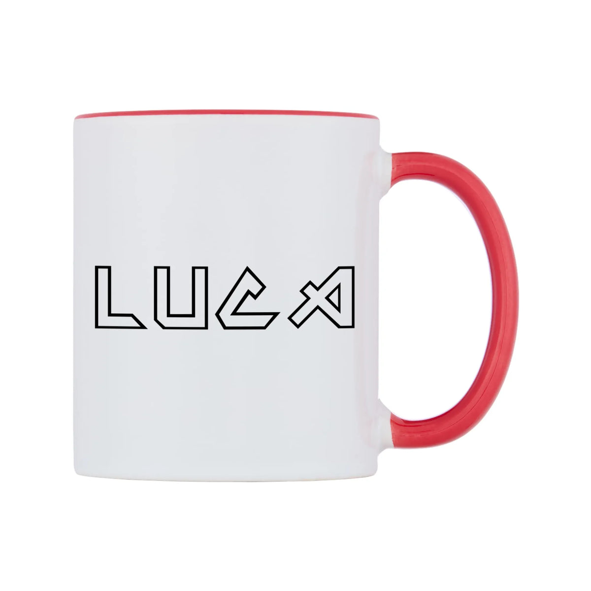 Luca - Iron Maiden Themed Mug — white 11oz gloss mug with a red inside and handle, left side, on a white background