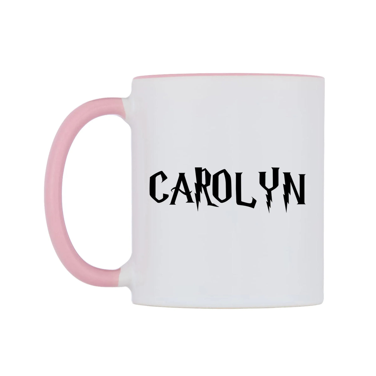 Carolyn - Wizard Themed Mug — white 11oz gloss mug with a pink inside and handle, right side, on a white background