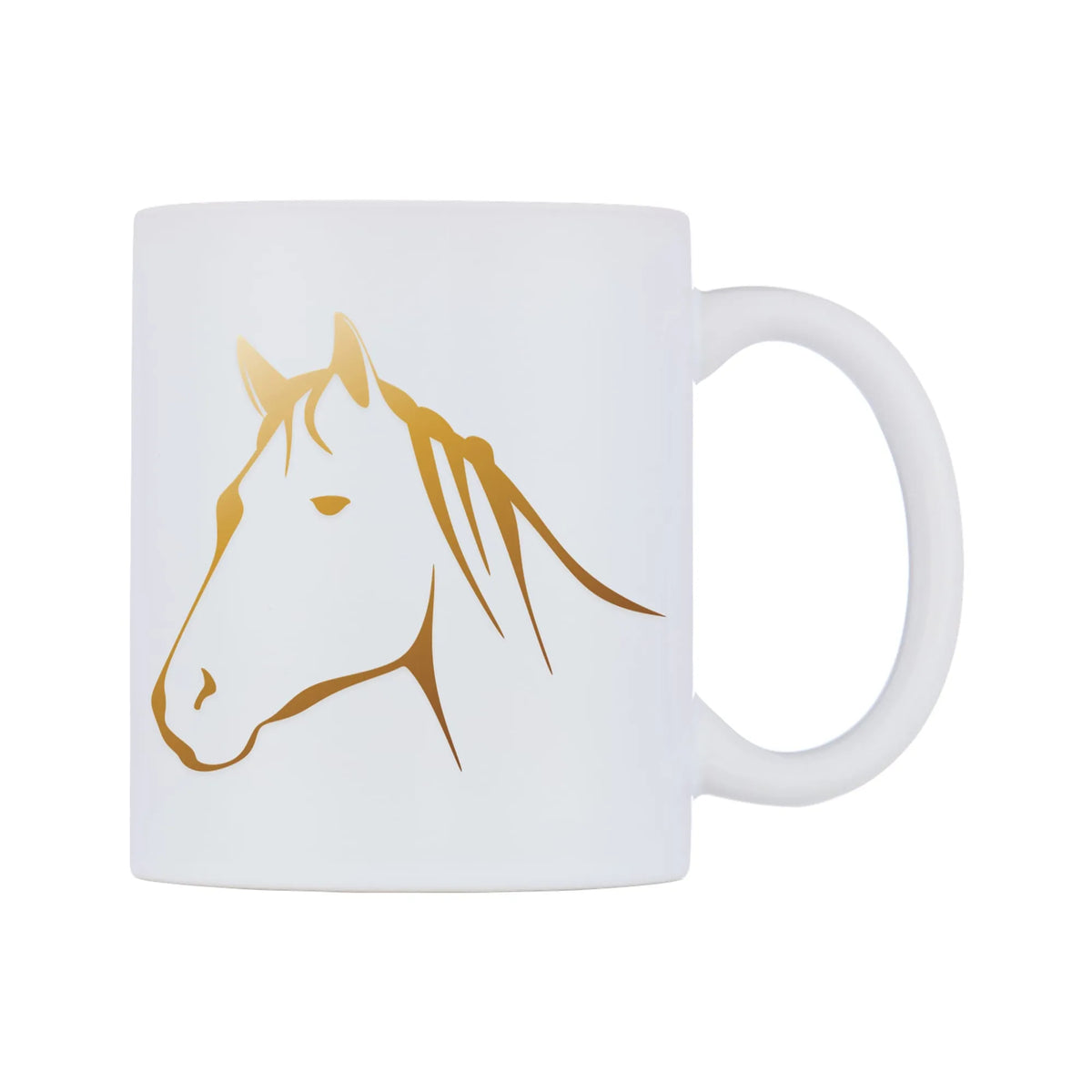 Golden Horse Mug — white 11oz gloss mug, left side, on a white background