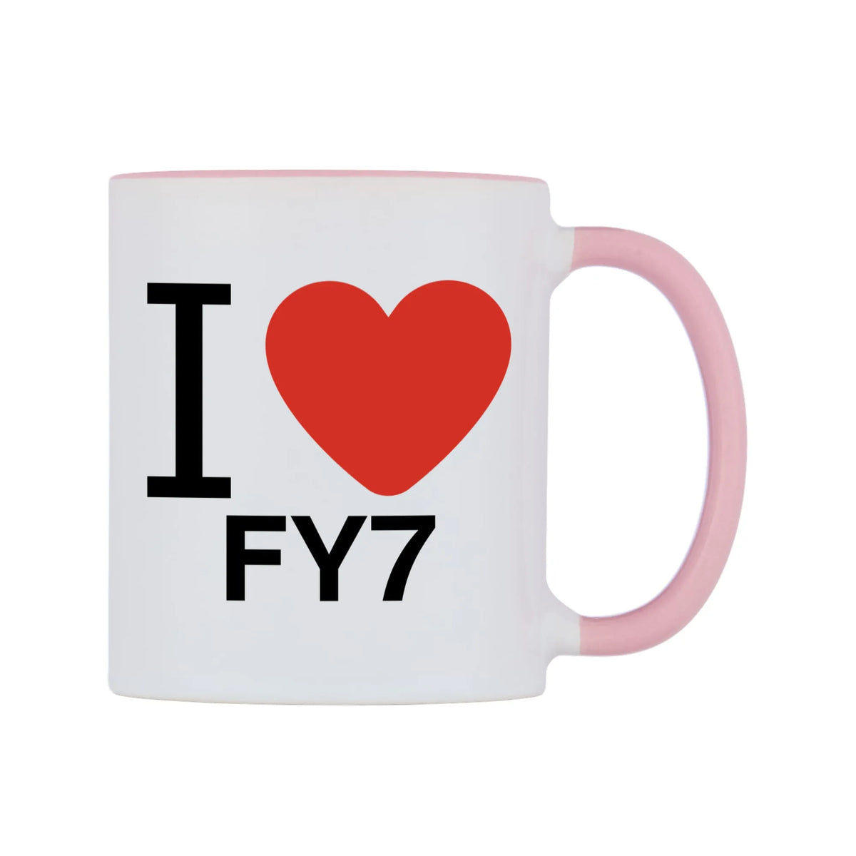 I Love FY7 Mug — white 11oz gloss mug with a pink inside and handle, left side, on a white background