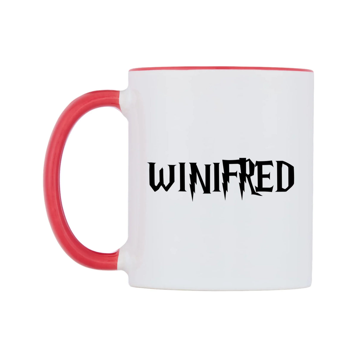 Winifred - Wizard Themed Mug — white 11oz gloss mug with a red inside and handle, right side, on a white background