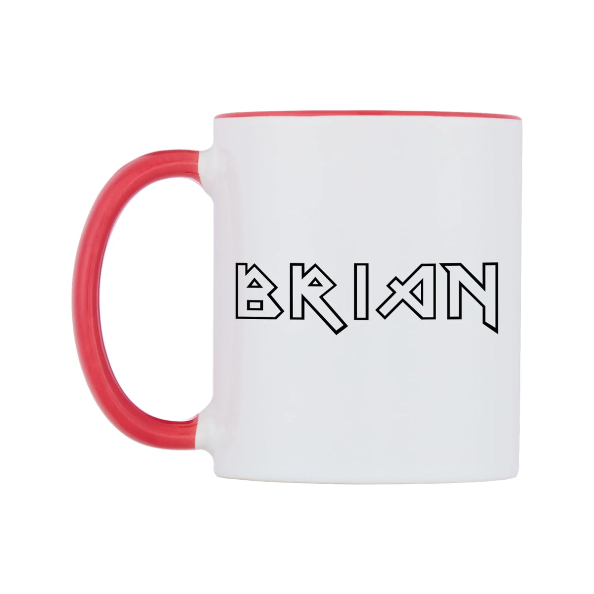 Brian - Iron Maiden Themed Mug — white 11oz gloss mug with a red inside and handle, right side, on a white background