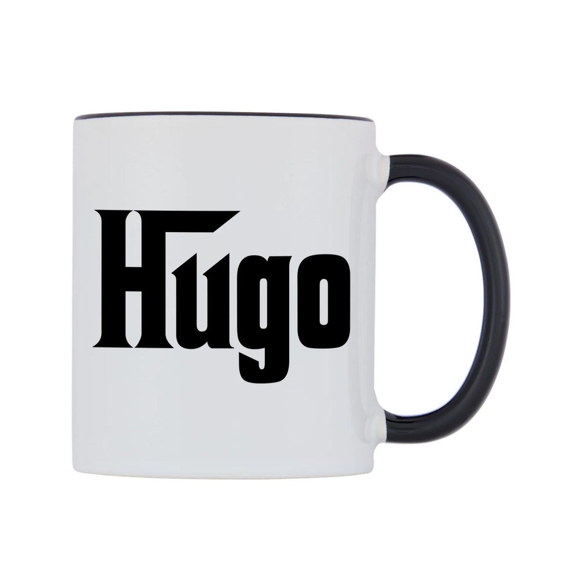 Hugo - Godfather Themed Mug — white 11oz gloss mug with a black inside and handle, left side, on a white background