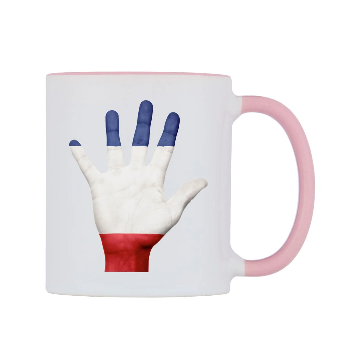 France Hand Flag Mug — white 11oz gloss mug with a pink inside and handle, left side, on a white background