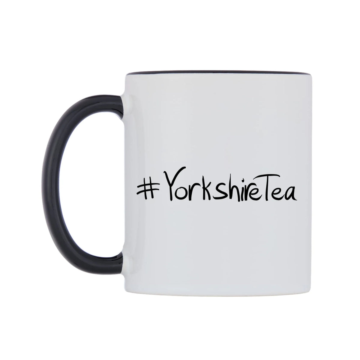 YorkshireTea Mug — white 11oz gloss mug with a black inside and handle, right side, on a white background
