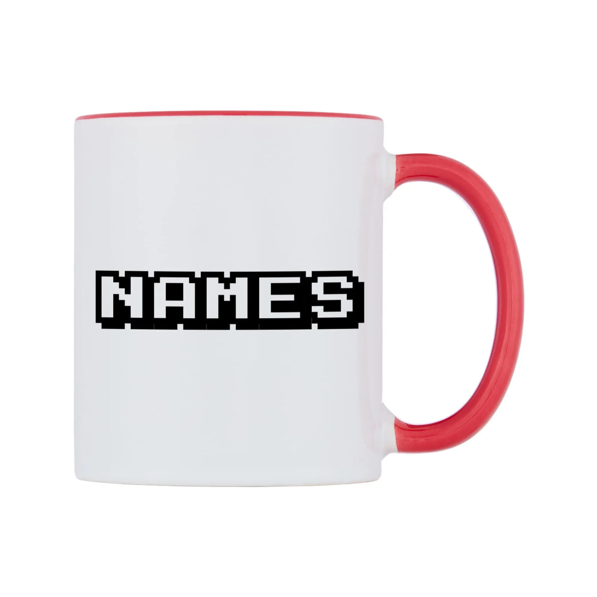 Personalised Arcade Themed Font Names Mug — white 11oz gloss mug with a red inside and handle, left side, on a white background