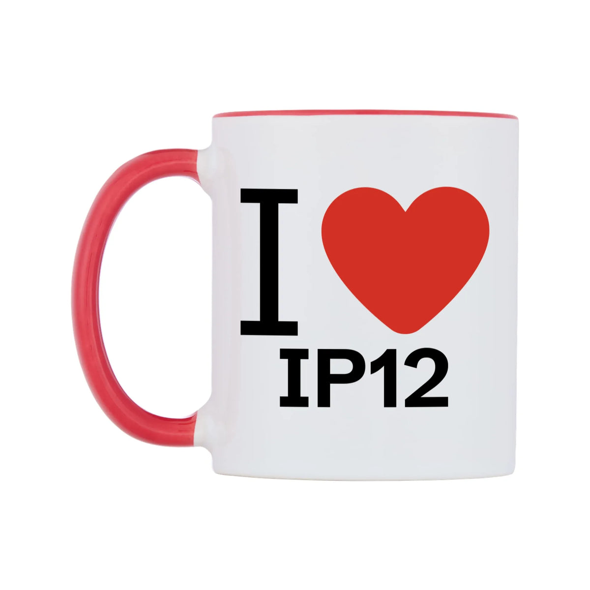 I Love IP12 Mug — white 11oz gloss mug with a red inside and handle, right side, on a white background
