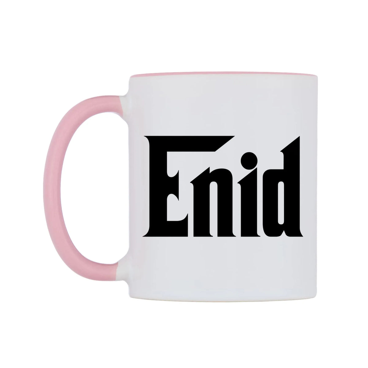Enid - Godfather Themed Mug — white 11oz gloss mug with a pink inside and handle, right side, on a white background