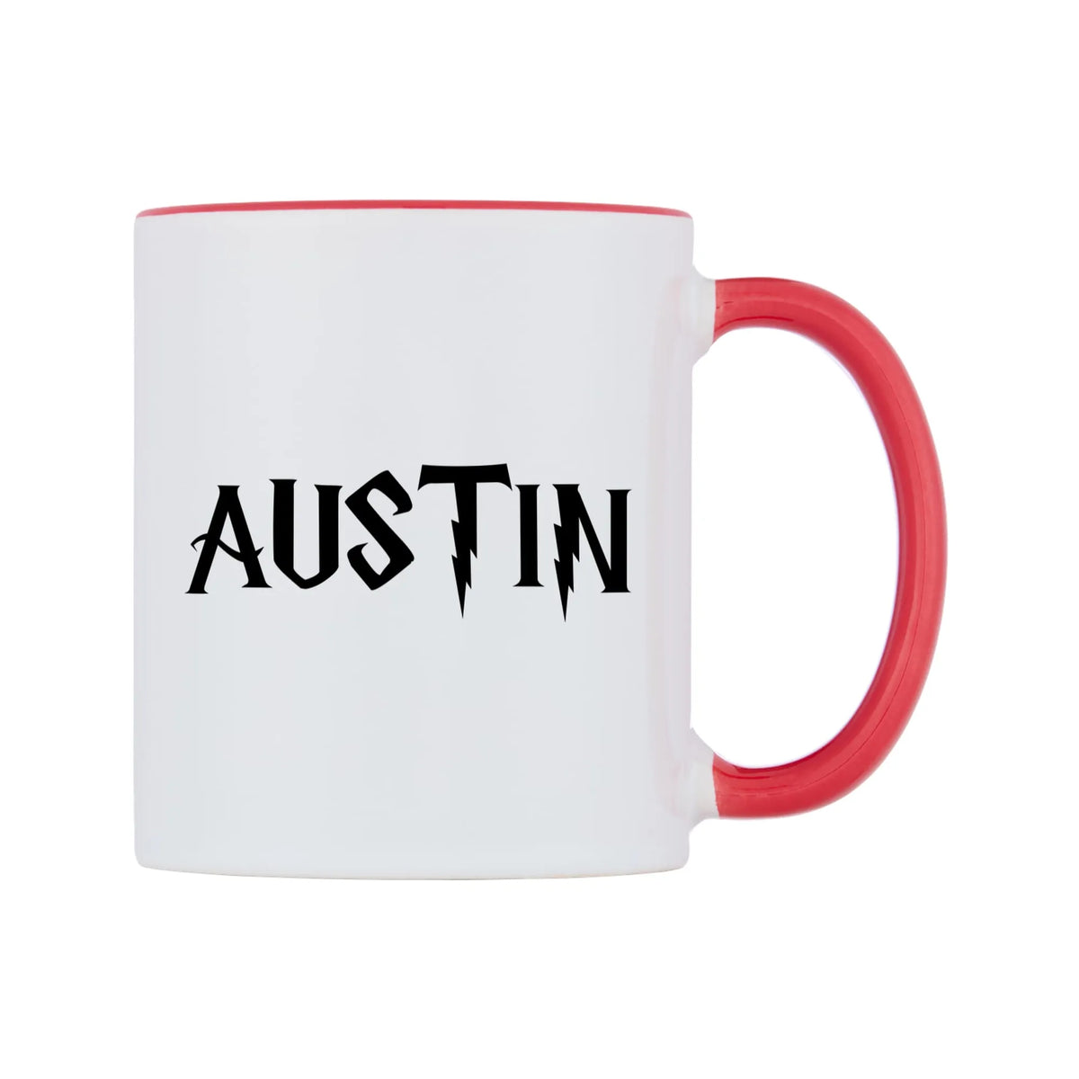Austin - Wizard Themed Mug — white 11oz gloss mug with a red inside and handle, left side, on a white background