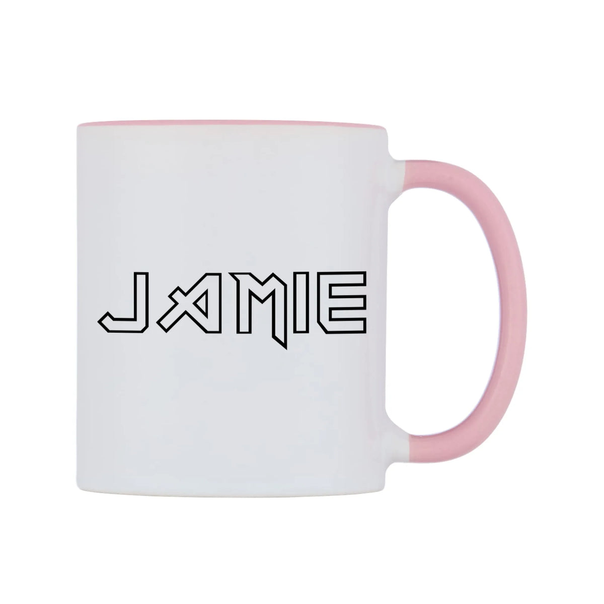Jamie - Iron Maiden Themed Mug — white 11oz gloss mug with a pink inside and handle, left side, on a white background