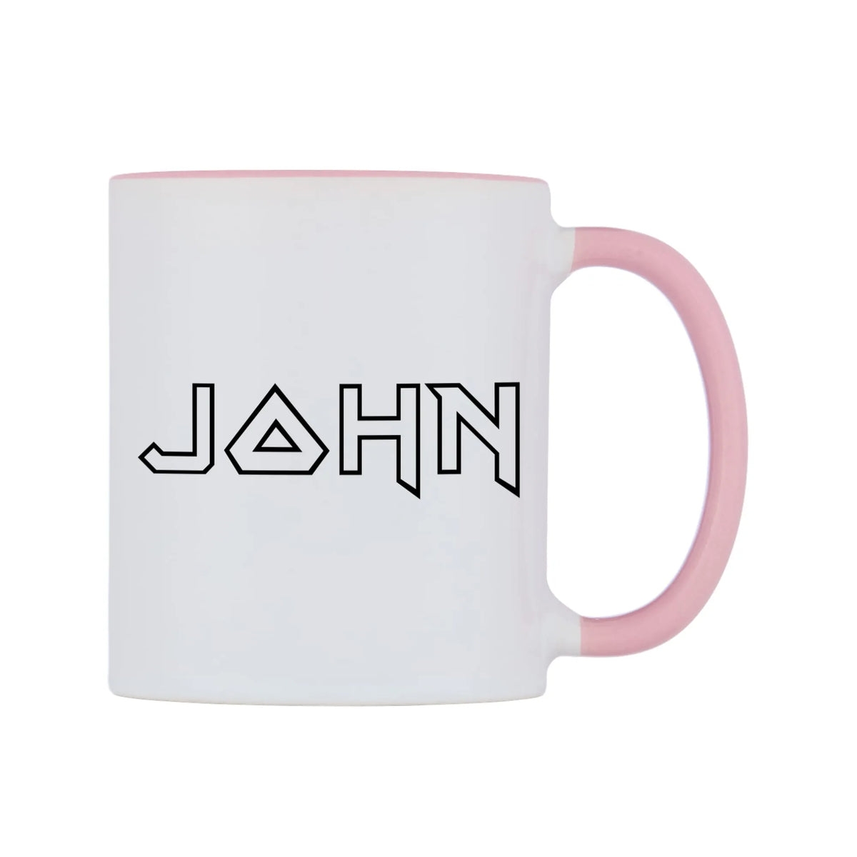John - Iron Maiden Themed Mug — white 11oz gloss mug with a pink inside and handle, left side, on a white background