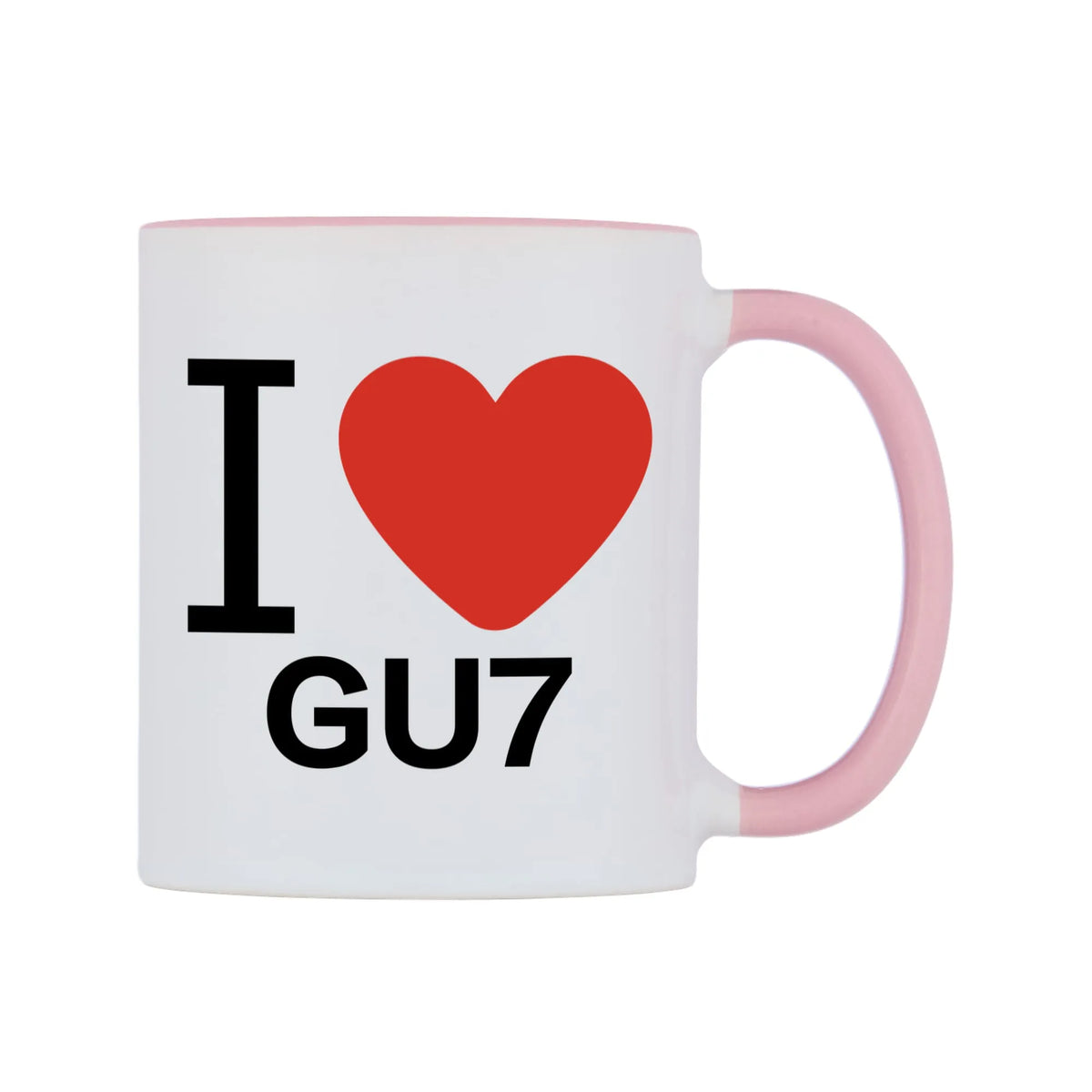 I Love GU7 Mug — white 11oz gloss mug with a pink inside and handle, left side, on a white background