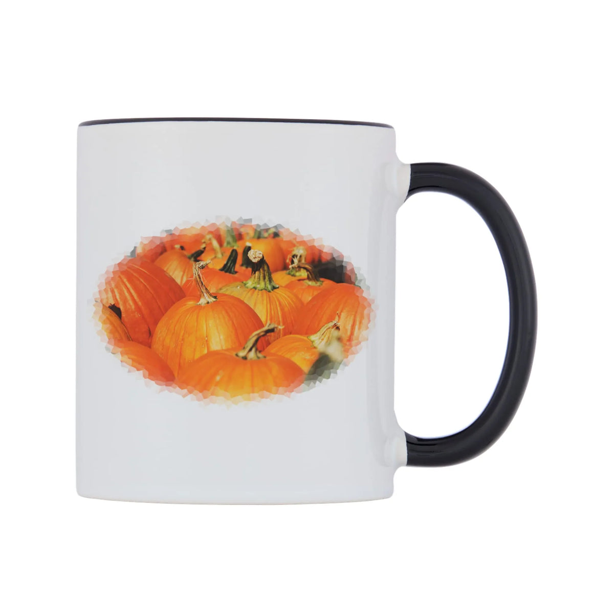 Pumpkins Field Mug — white 11oz gloss mug with a black inside and handle, left side, on a white background
