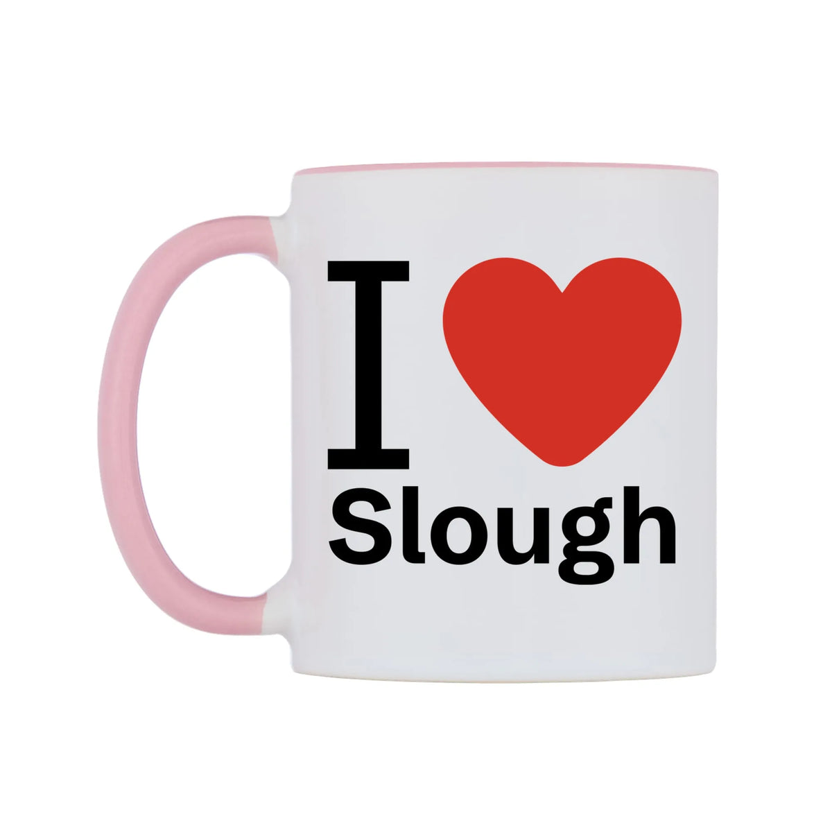 I Love Slough Mug — white 11oz gloss mug with a pink inside and handle, right side, on a white background