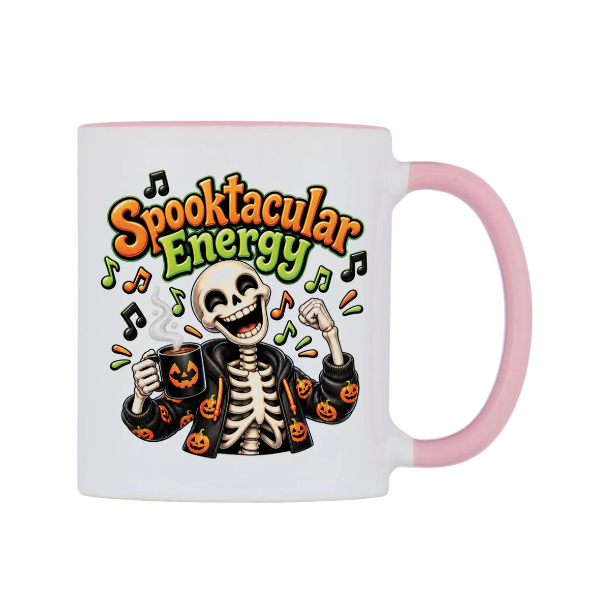 Spooktacular Energy Mug — white 11oz gloss mug with a pink inside and handle, left side, on a white background