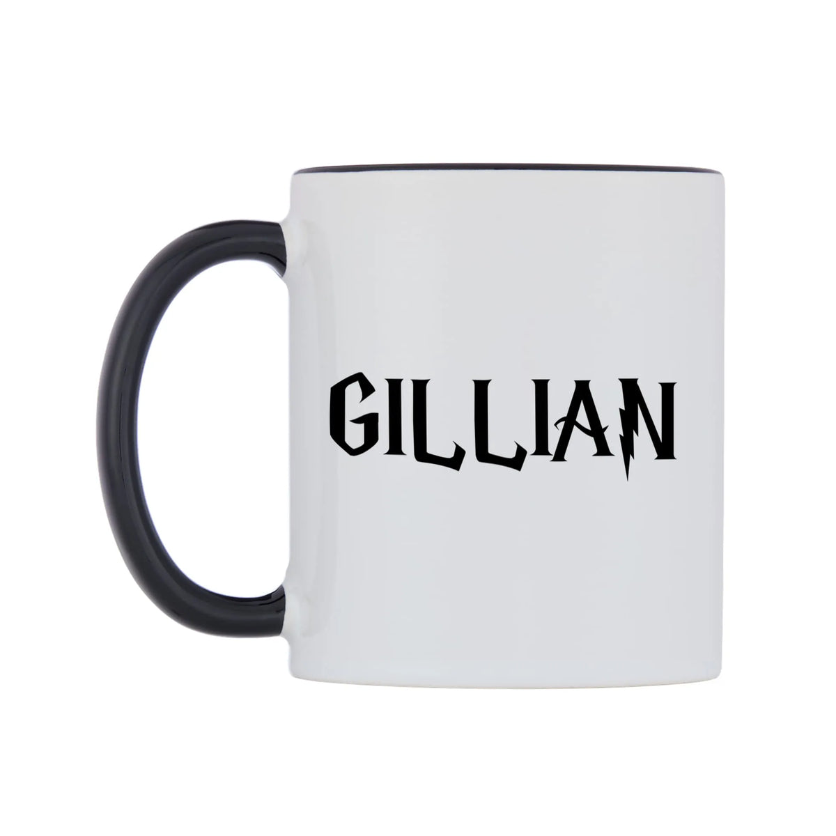 Gillian - Wizard Themed Mug — white 11oz gloss mug with a black inside and handle, right side, on a white background