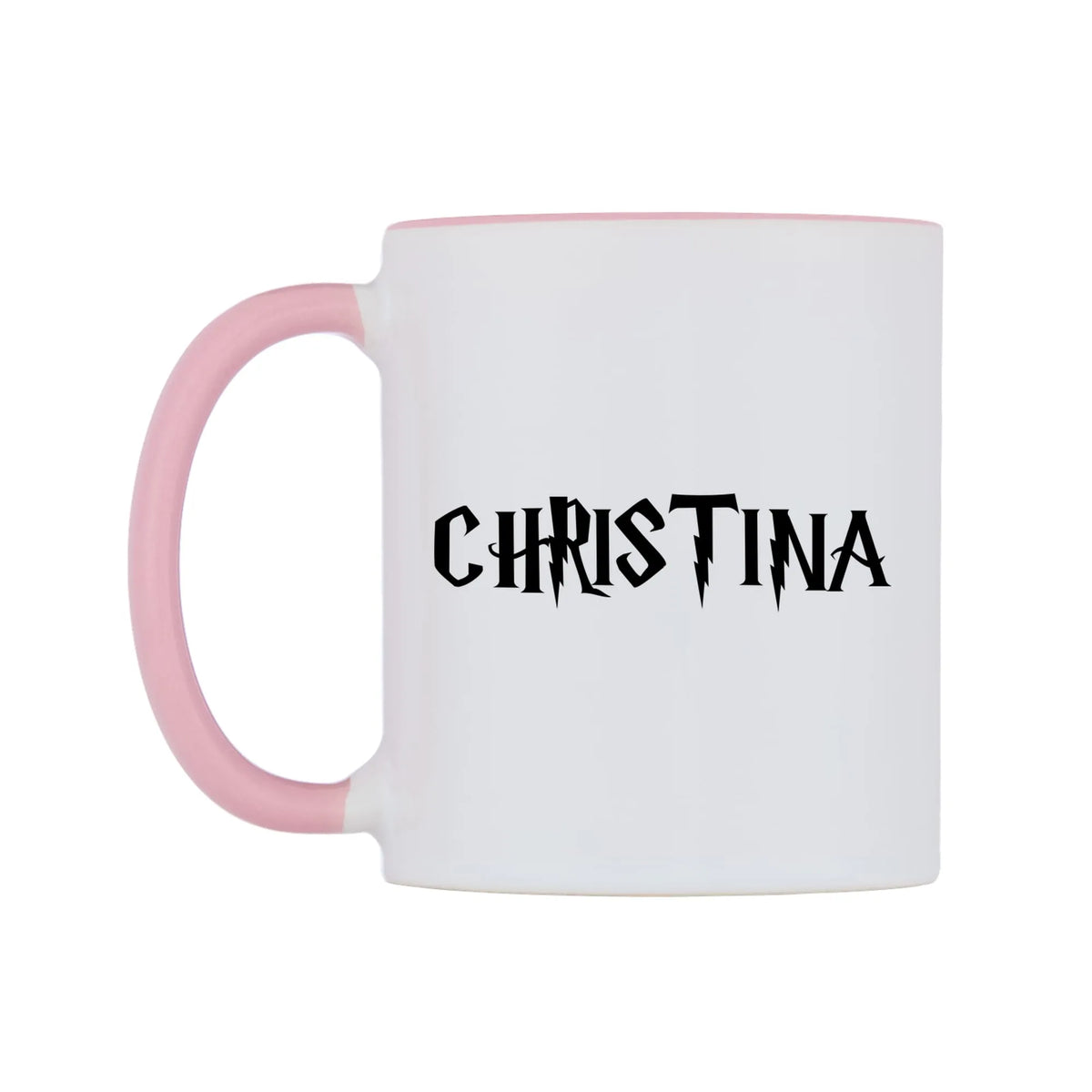 Christina - Wizard Themed Mug — white 11oz gloss mug with a pink inside and handle, right side, on a white background
