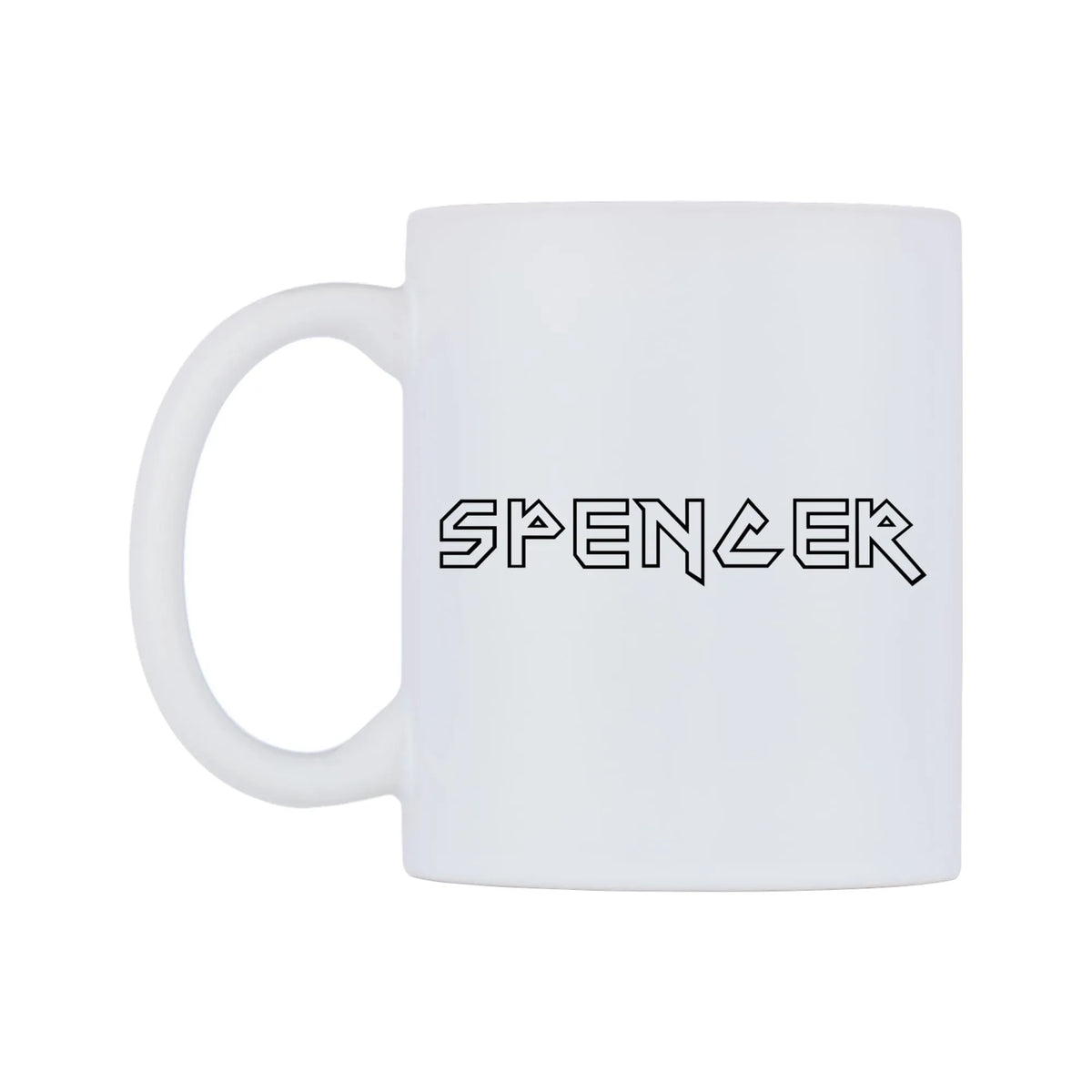 Spencer - Iron Maiden Themed Mug — white 11oz gloss mug, right side, on a white background