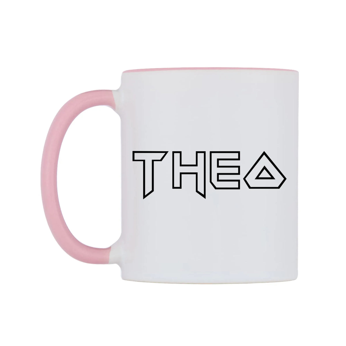 Theo - Iron Maiden Themed Mug — white 11oz gloss mug with a pink inside and handle, right side, on a white background
