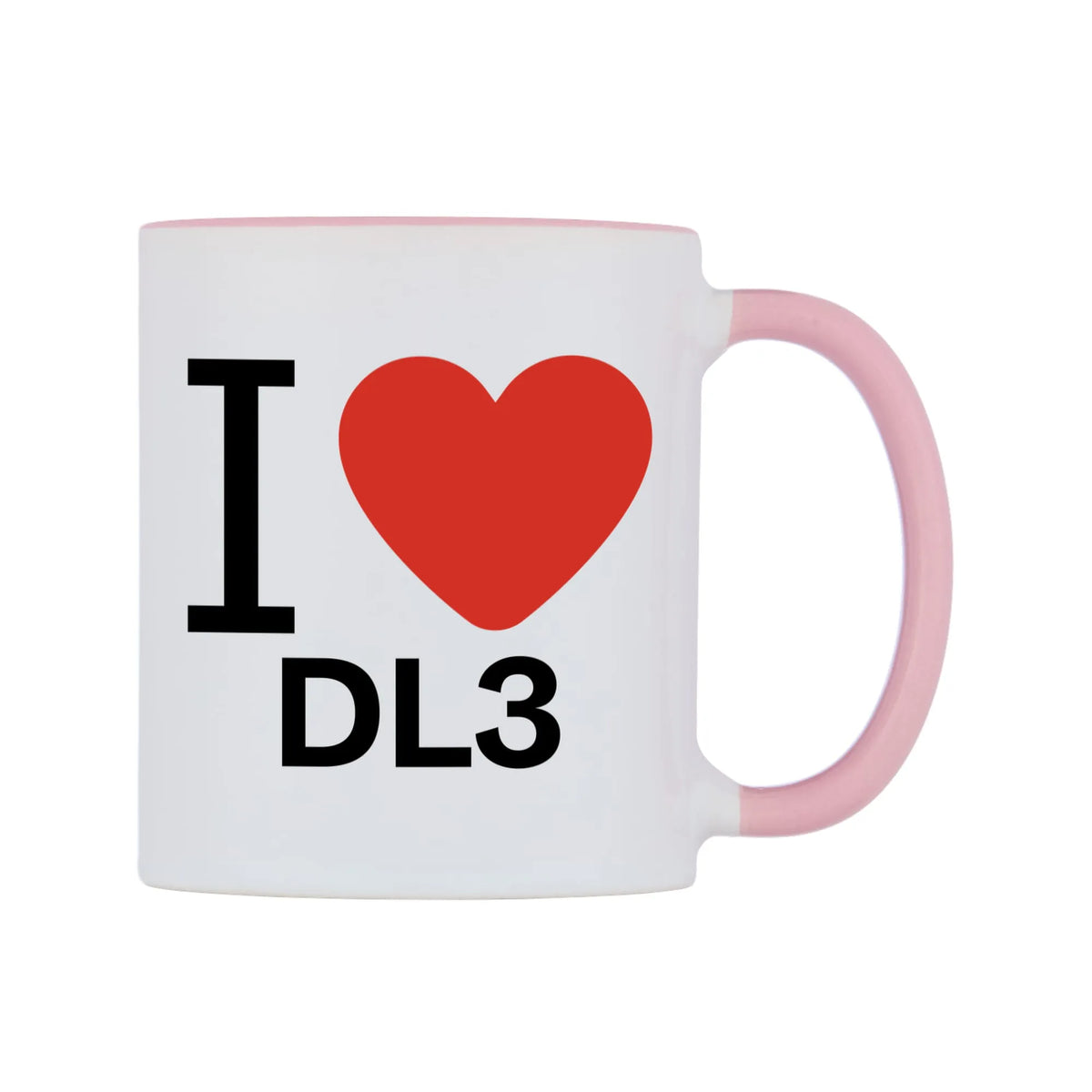 I Love DL3 Mug — white 11oz gloss mug with a pink inside and handle, left side, on a white background